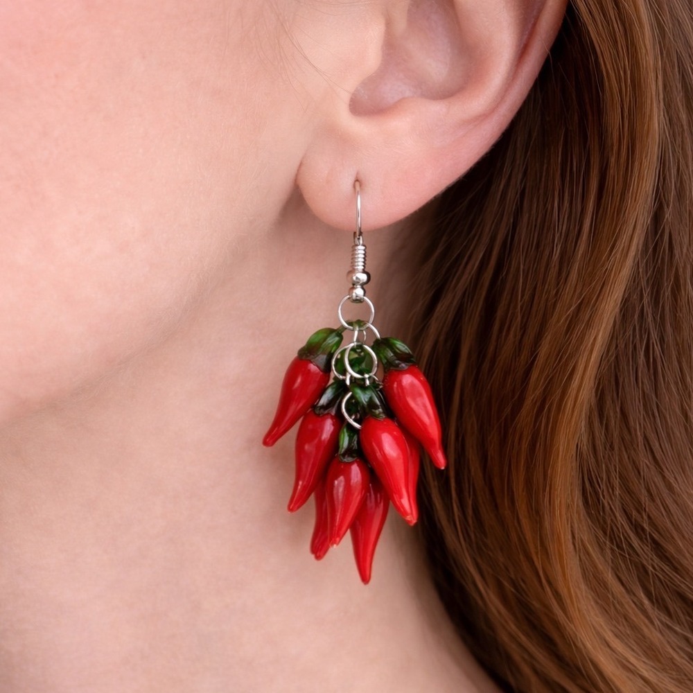 Red Chili Pepper Dangle Earrings Lampwork Glass‎ Novelty Jewelry